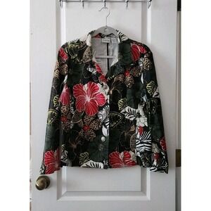 Chico's Women's tropical print jacket floral hibiscus button-up‎ Stretch  L (12)